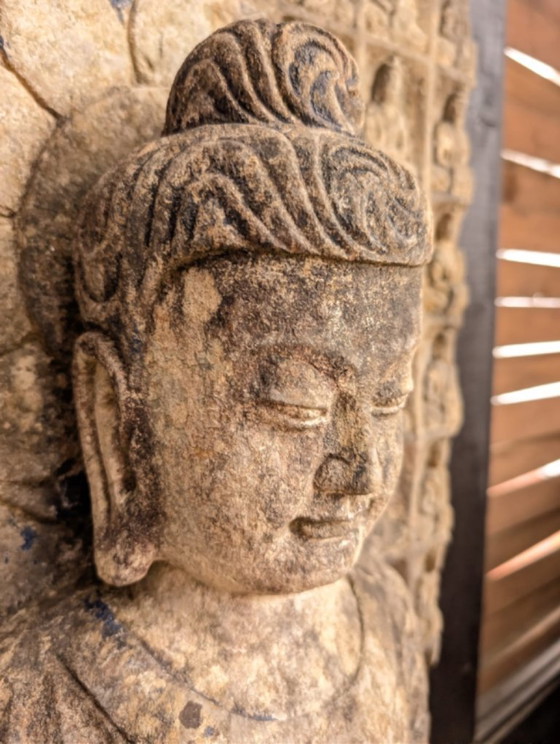 Image 1 of Large Himalayan limestone Buddha stele with naga and temple relief