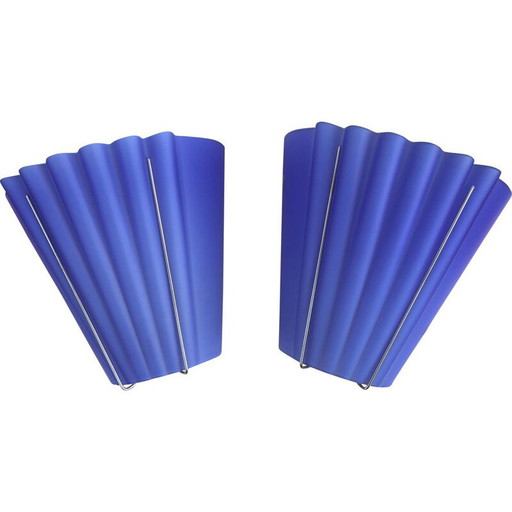 Par de apliques vintage de cristal de Murano plisado azul, Italia, 1970