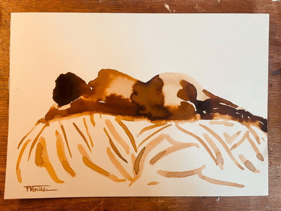 Image 1 of Aquarelle monochrome couleur tabac portrait féminin « sieste au Kenya »