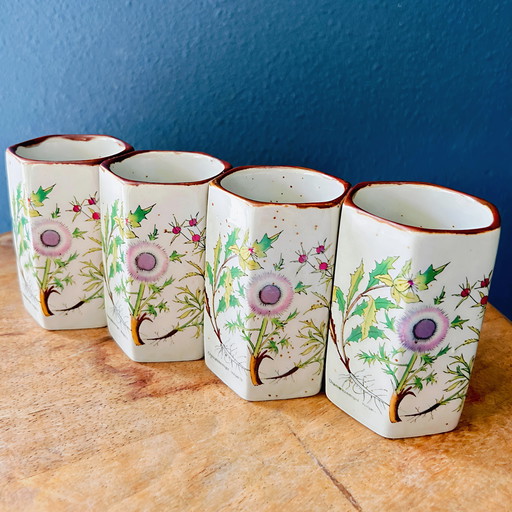 Tasses octogonales vintage en céramique avec motif de chardon - Lot de 4