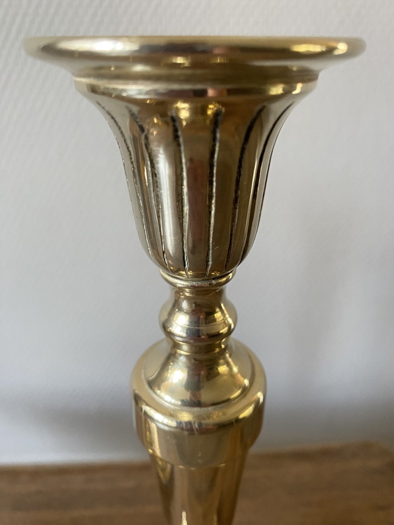 Image 1 of 2 large vintage brass candlesticks pearl rim
