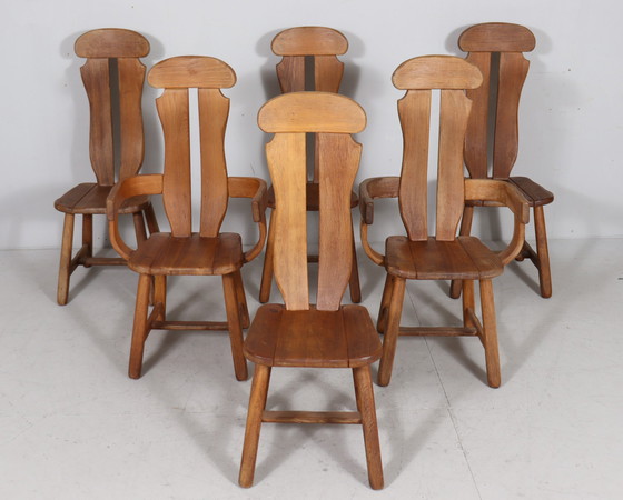 Image 1 of Set di 6 sedie da pranzo brutaliste di De Puydt, rovere, Belgio, anni '70