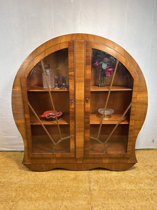 Vetrina vintage in noce Brocante Art Déco con motivo a raggiera, 1930-1940