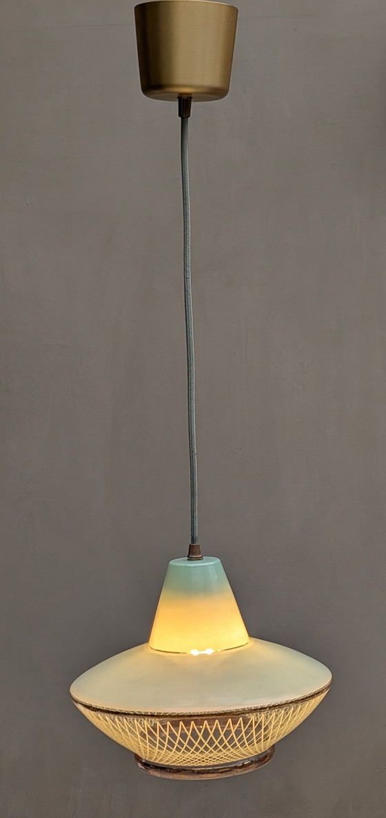 Image 1 of Franse Mintgroene hanglamp glas 60's