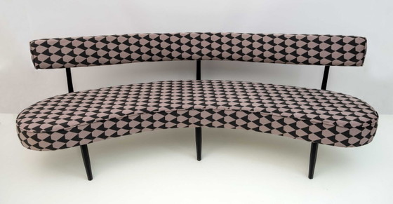 Curved Bench with Black and Beige Geometric Pattern, Kagan, Benches, Textile, Velvet, Mid Century Modern (photo 5 of 12)