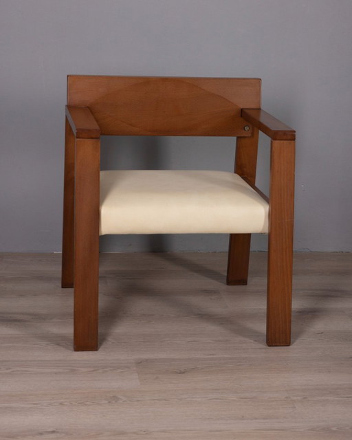 Poltrona vintage italiana in legno e pelle, anni '80