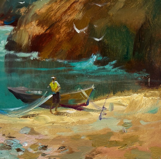 Image 1 of Original Oil Painting Sea Rock Landscape Great Day to Go Fishing