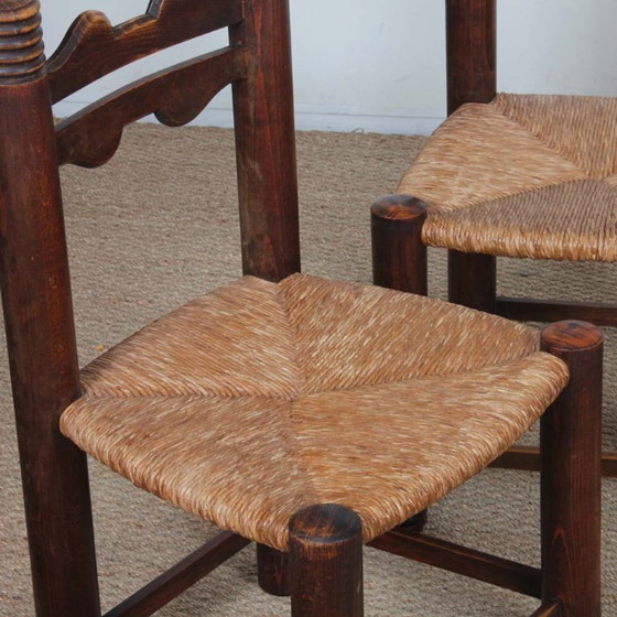 Image 1 of Set of 4 solid wood straw-seated chairs, French craftsmanship, 1950