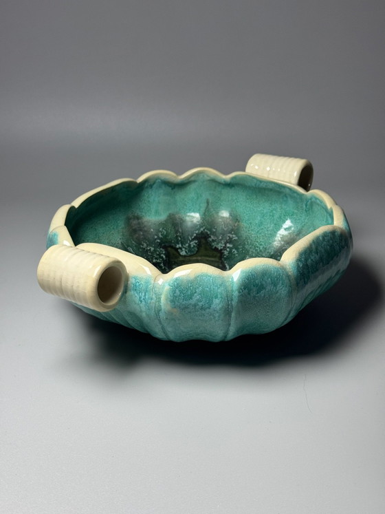 Faïenceries de Thulin, Art Deco Turquoise Ceramic Centrepiece with Drip Glaze, Belgium, circa 1930s (photo 4 of 13)