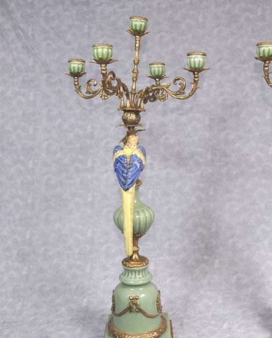 Image 1 of Candlesticks with parrots made of porcelain and bronze