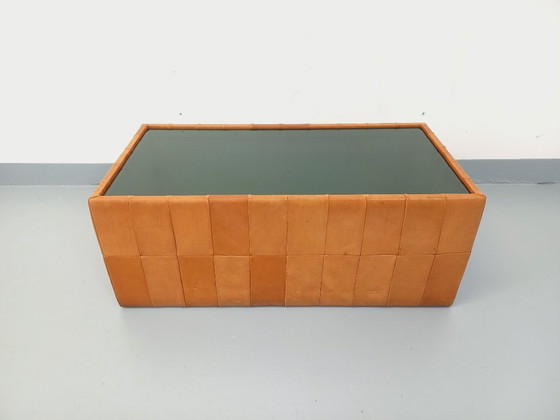 Image 1 of Vintage Swiss rectangular coffee table by De Sede in smoked glass and leather from the 1970s