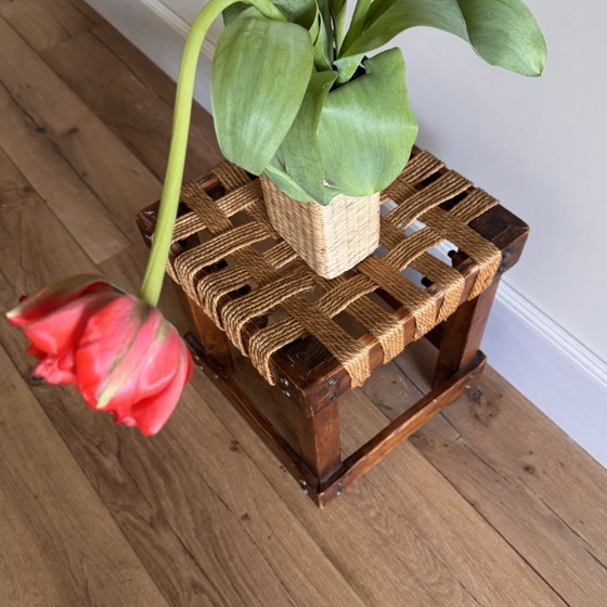 Image 1 of Dutch Brutalist Stool, Oak & Rope – ca. 1960