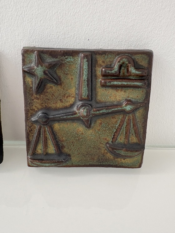 Image 1 of Two vintage 1960s/early 70s wall tiles with zodiac signs