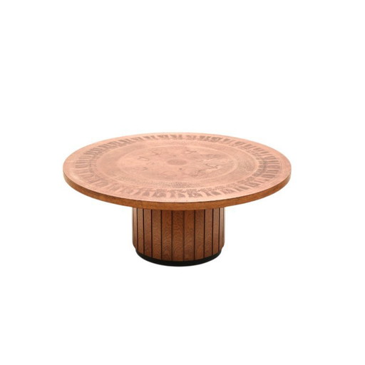 Round vintage Brutalist coffee table from VAD Trævarefabrik with copper top