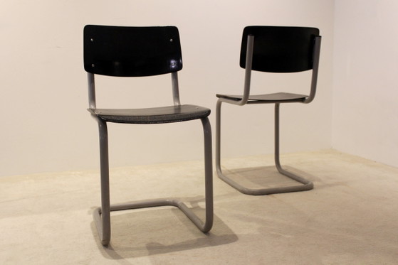 Set of six Gispen Industrial Plywood Chairs, Dining chairs, polished steel, Grey, Industrieel (photo 4 of 6)
