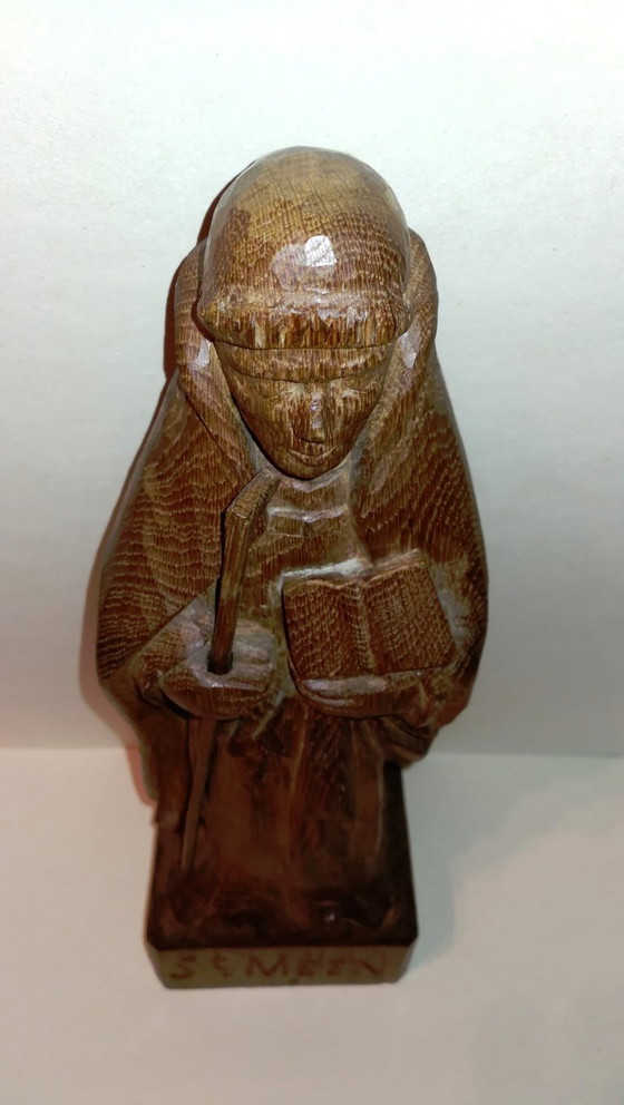 Image 1 of Statuette Religieuse Rétro Vintage en Bois Sculpté l'Abbé St Méen / 50's  