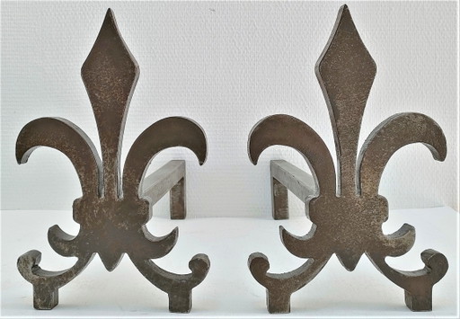 Paar Fleur De Lys Vintage Stalen Andirons