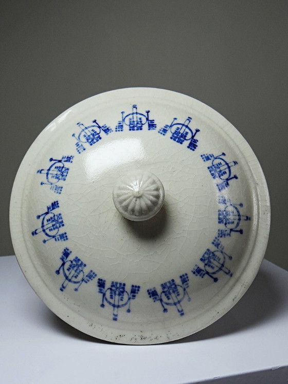 Image 1 of Antique glazed ironstone bouillon/casserole dish with blue St Uze decoration