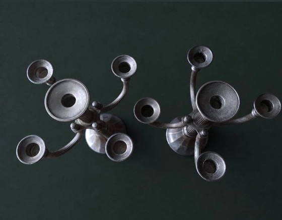 Image 1 of Mooie set zware vintage kandelabers – verzilverd (31 cm hoog)