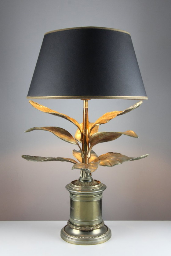 Image 1 of Vintage messing tafellamp in bladvorm – Hollywood Regency – Stijl van Willy Daro – België jaren 70