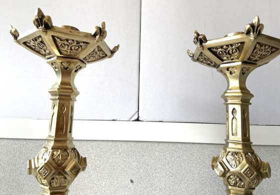 Image 1 of Pair of Antique Neo-Gothic Gilt Bronze Candlesticks
