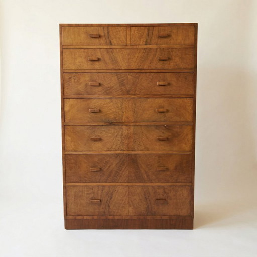 Seltene hohe Kommode / Kommode in geflammtem Nussbaum Art Deco, 1930/1940