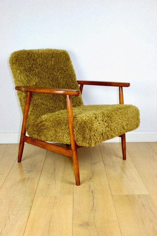 Sillón vintage, años 70, zorro - pelo alto Camel Olive Dark Khaki