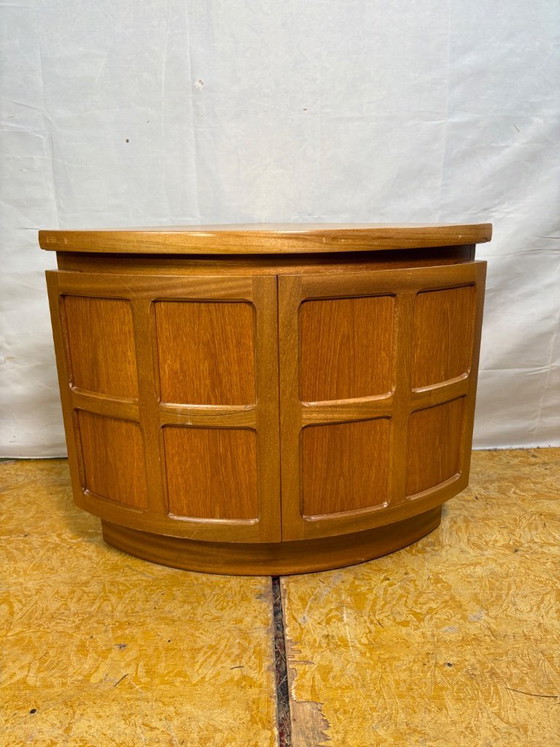 Image 1 of Mid-Century Retro Vintage Teak Corner Cabinet by Nathan Furniture 1970  “Squares” Range • Curved Doors • Compact Danish-Inspired