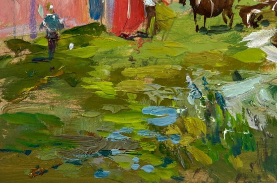 Image 1 of Original Oil Painting Summer Village Landscape Horses by the hay
