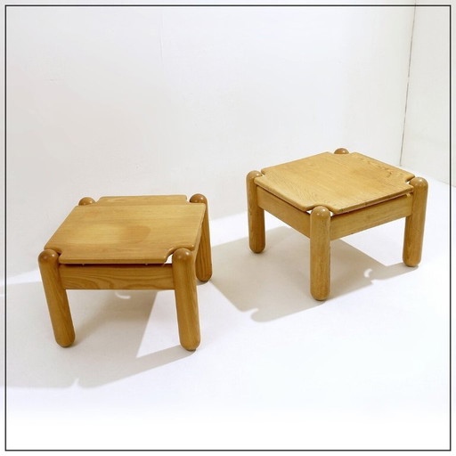 Pair of square coffee tables in solid pine, Ilmari Tapiovaara style, 1950s