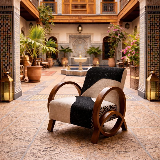 Image 1 of Pair of Moroccan Walnut Armchairs with Vintage Berber Kilim – Artisan Craftsmanship (Set of 2)
