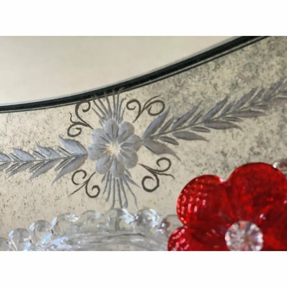 Image 1 of Venetian Murano Glass Oval Red Floral Wall Mirror – Hand-Carved Italian Art