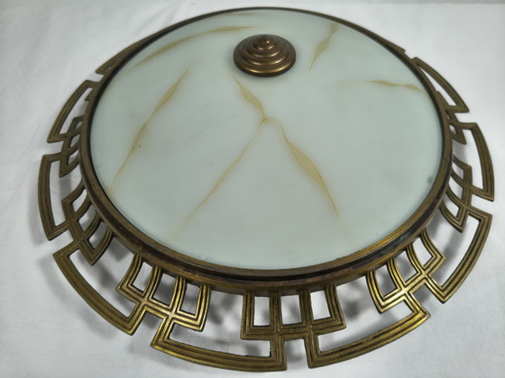 Image 1 of Vintage ceiling lamp with glass shade and metal frame