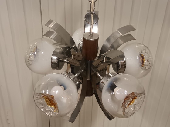 Space Age Chandelier, Murano Glass & Chrome, 70s, Mazzega, Metal, Silver (photo 2 of 15)