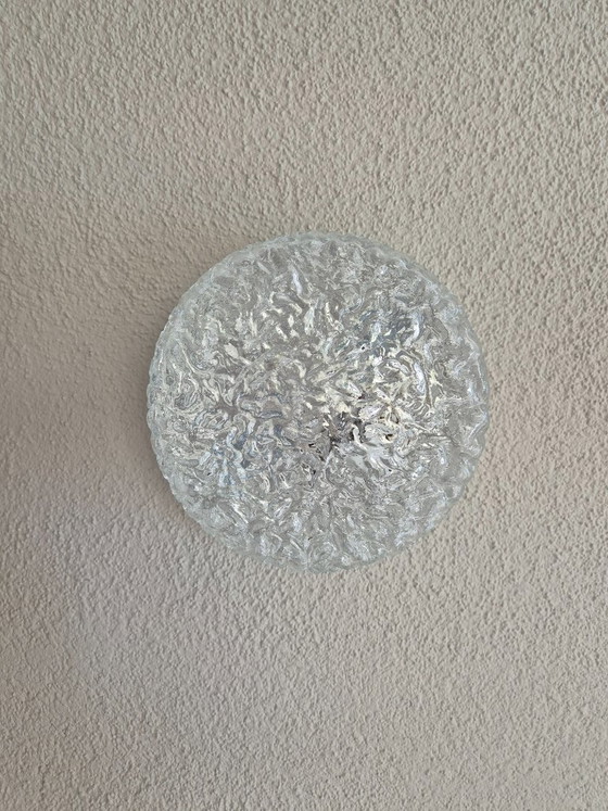 Image 1 of Pair of Glashütte Limburg 2791 Textured Ice Glass Flush Mount Ceiling / Wall Lights, Black Base, E27, Ø24.5 cm, Germany