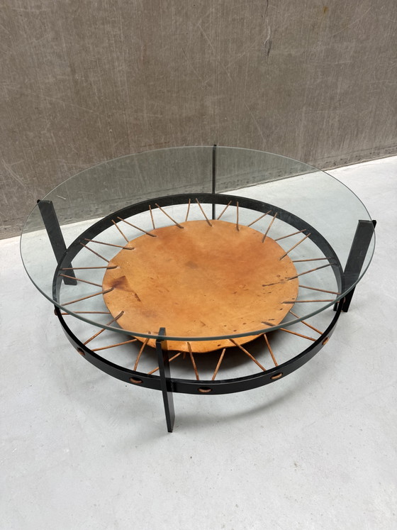 Mid-Century Modern Ronde Salontafel Van Glas, Staal En Leer – Metal, Leather (photo 3 of 9)