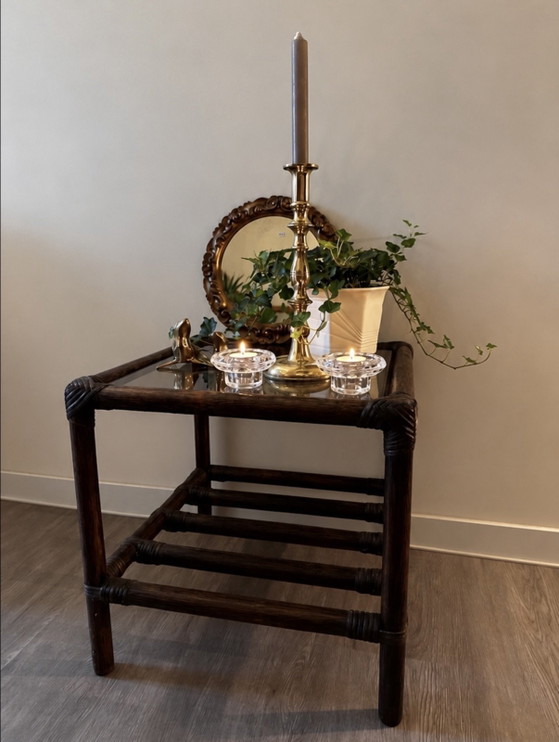 Table d'appoint vintage en rotin, Tables d'appoint, Verre, Marron (photo 2 sur 5)