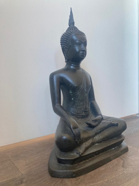 Image 1 of Thai bronze seated Buddha sculpture, earth-touching gesture. 