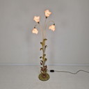 Lampadaire italien avec tiges en métal, détails de feuilles et abat-jour en verre de Murano