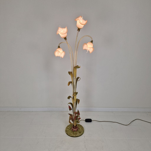 Italian Floor Lamp with Metal Stems, Leaf Details and Murano Glass Flower Shades
