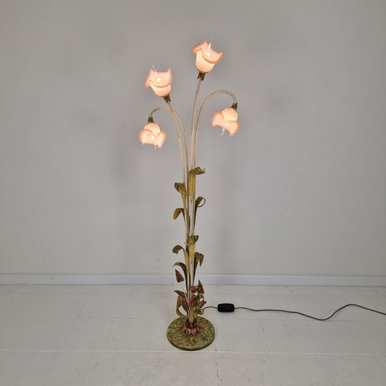 Image 1 of Italian Floor Lamp with Metal Stems, Leaf Details and Murano Glass Flower Shades