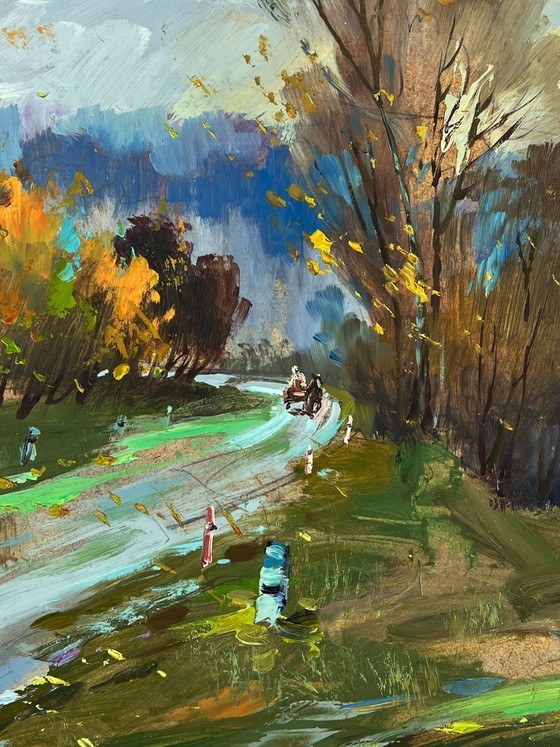 Image 1 of Peinture à l'huile originale représentant un paysage naturel, une route et un temps d'automne en forêt.