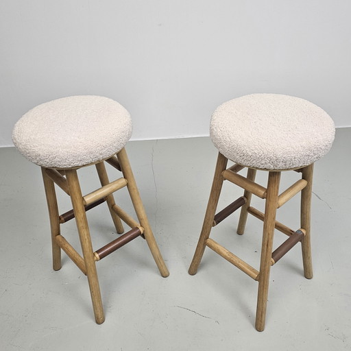 2 tabourets de bar vintage en bois de palmier rembourrés, teddy boucle