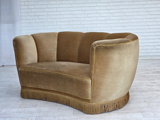Image 1 of 1960s, Danish "Banana" 2-seater sofa, green furniture velour, oak wood.