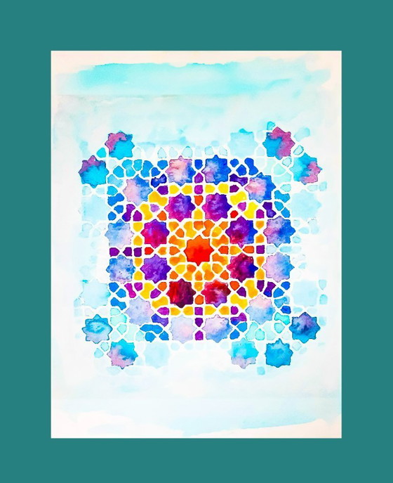 Image 1 of Acuarela original azulejo mozárabe. Cuadro azulejo árabe. Pintura geométrica. Acuarela con motivo geométrico.  Nueva.
