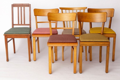 Set van 6 Vintage Duitse eetkamerstoelen, 1950-1960 | Beukenhouten frames, kleurrijke bekleding, Mid Century Modern