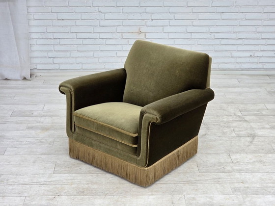 Image 1 of Deense fauteuil uit de jaren 70, originele groene meubelvelours