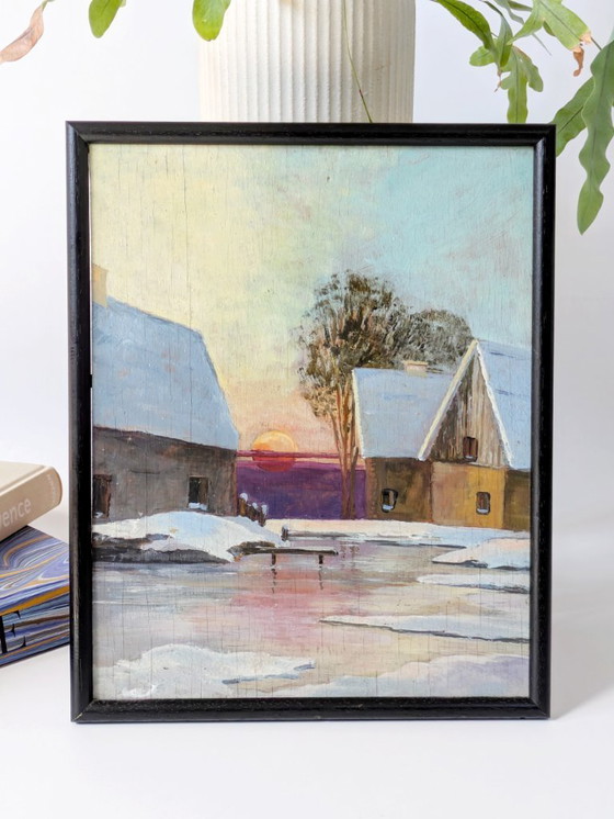 Image 1 of Pittura a olio d'epoca su tavola | Paesaggio invernale Scena di campagna | Incorniciato
