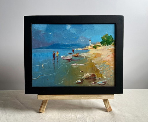 Peinture à l'huile originale, paysage de plage d'été, chaudes journées en mer