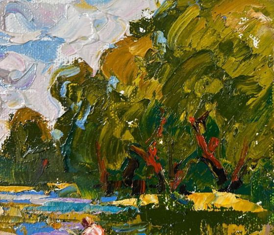 Image 1 of Original Oil Painting Summer Nature Landscape A boat ride along the river
